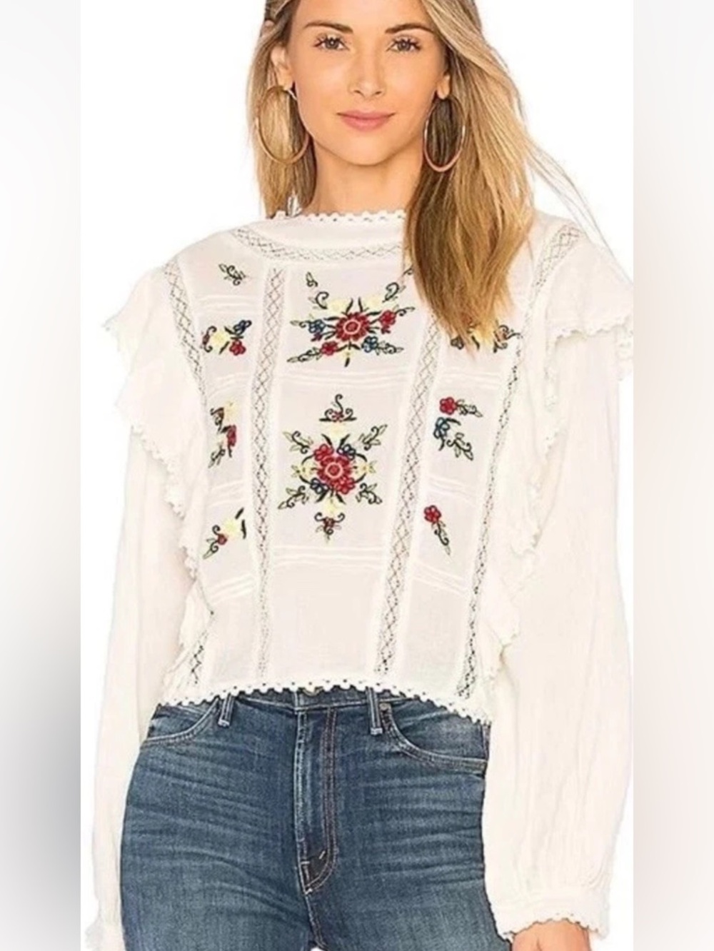 Free People Top Women’s Size XS Amy Floral Embroidered Lace Ruffle Blouse Boho